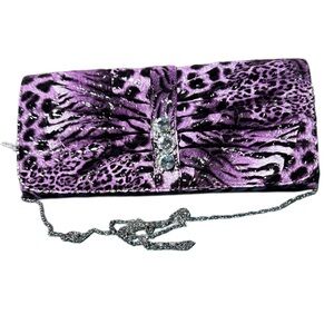 Purple Animal-Print Evening Clutch with clear Gem Accent New beautiful 11x5”